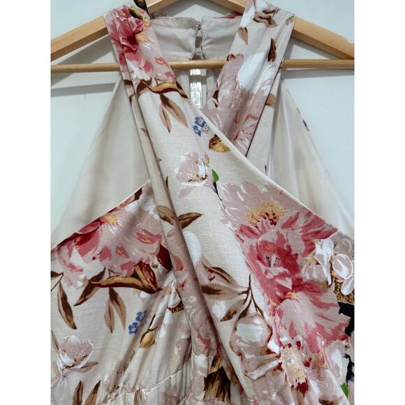 Express XL Floral Criss Cross Tiered Ruffle Linen Sleeveless Halter Midi Dress - Picture 3 of 10
